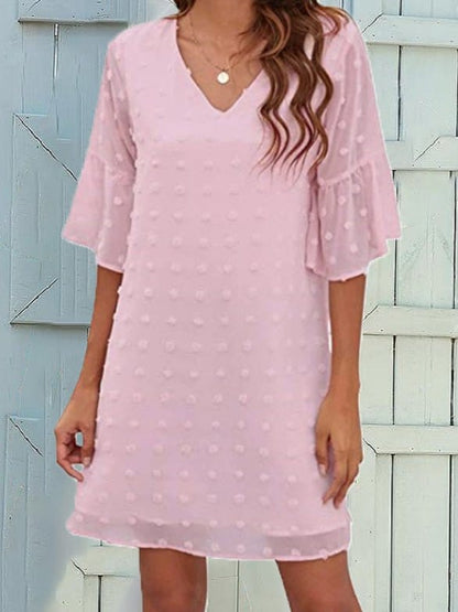 Solid Jacquard Dots Chiffon Short Sleeve Dress DRE2204284051PREDS Pink / 2 (S)