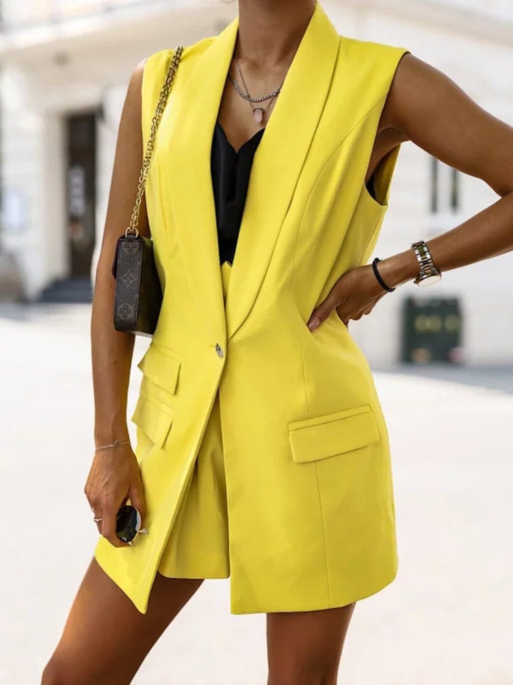 Solid Lapel Button Slim Vest Blazers BLA2208231223YELS Yellow / 2 (S)