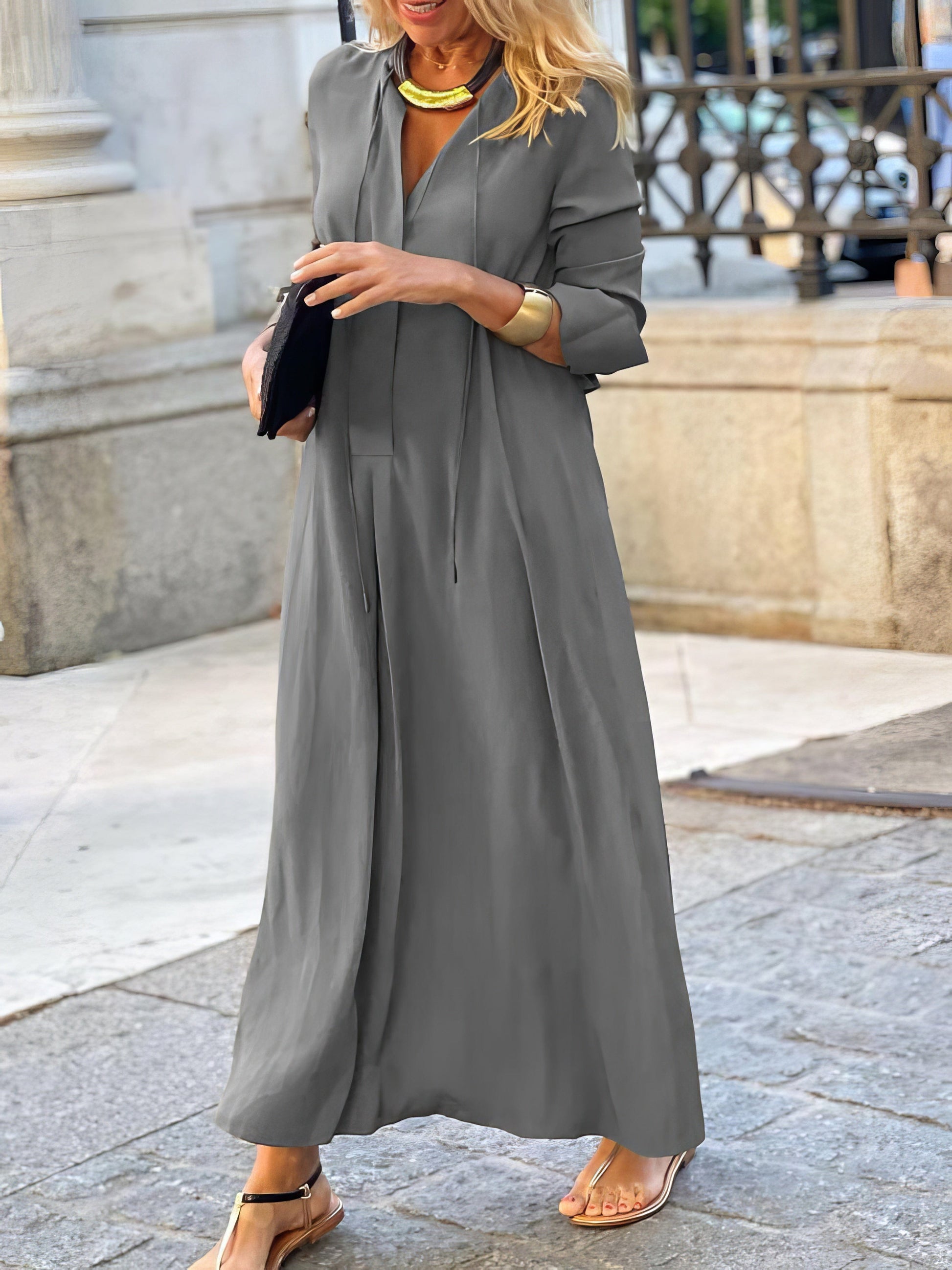 Solid Lapel Long Sleeve Casual Dress DRE2209245515GRAS Gray / 2 (S)