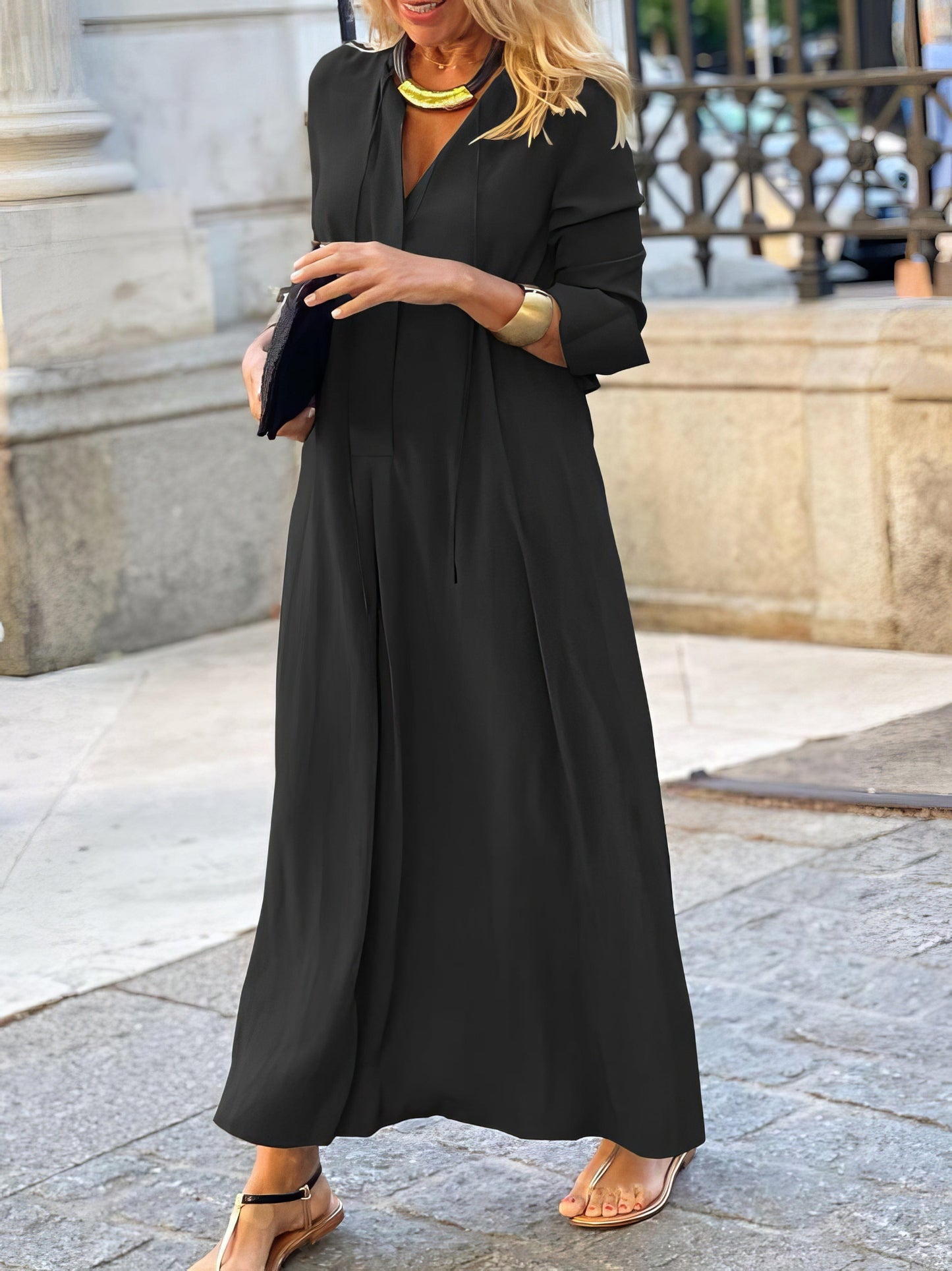 Solid Lapel Long Sleeve Casual Dress DRE2209245515BLAS Black / 2 (S)