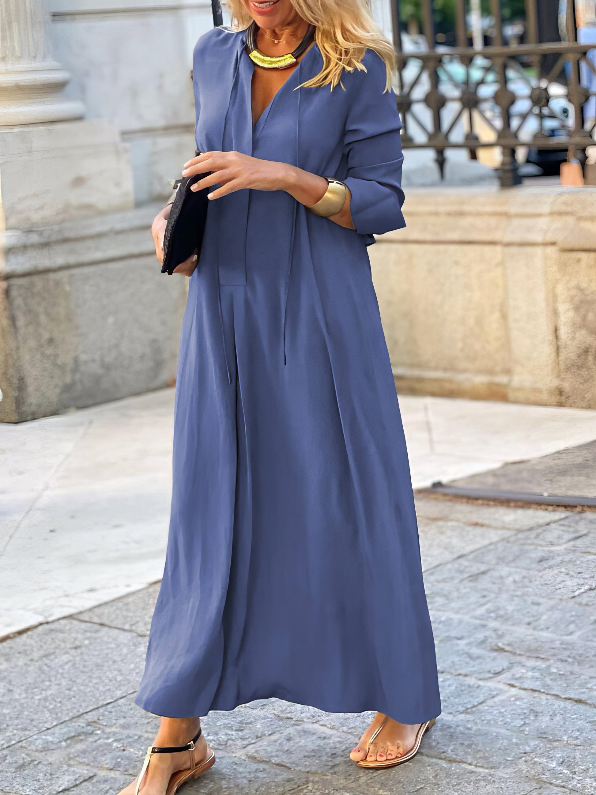 Solid Lapel Long Sleeve Casual Dress DRE2209245515SBLUS Blue / 2 (S)