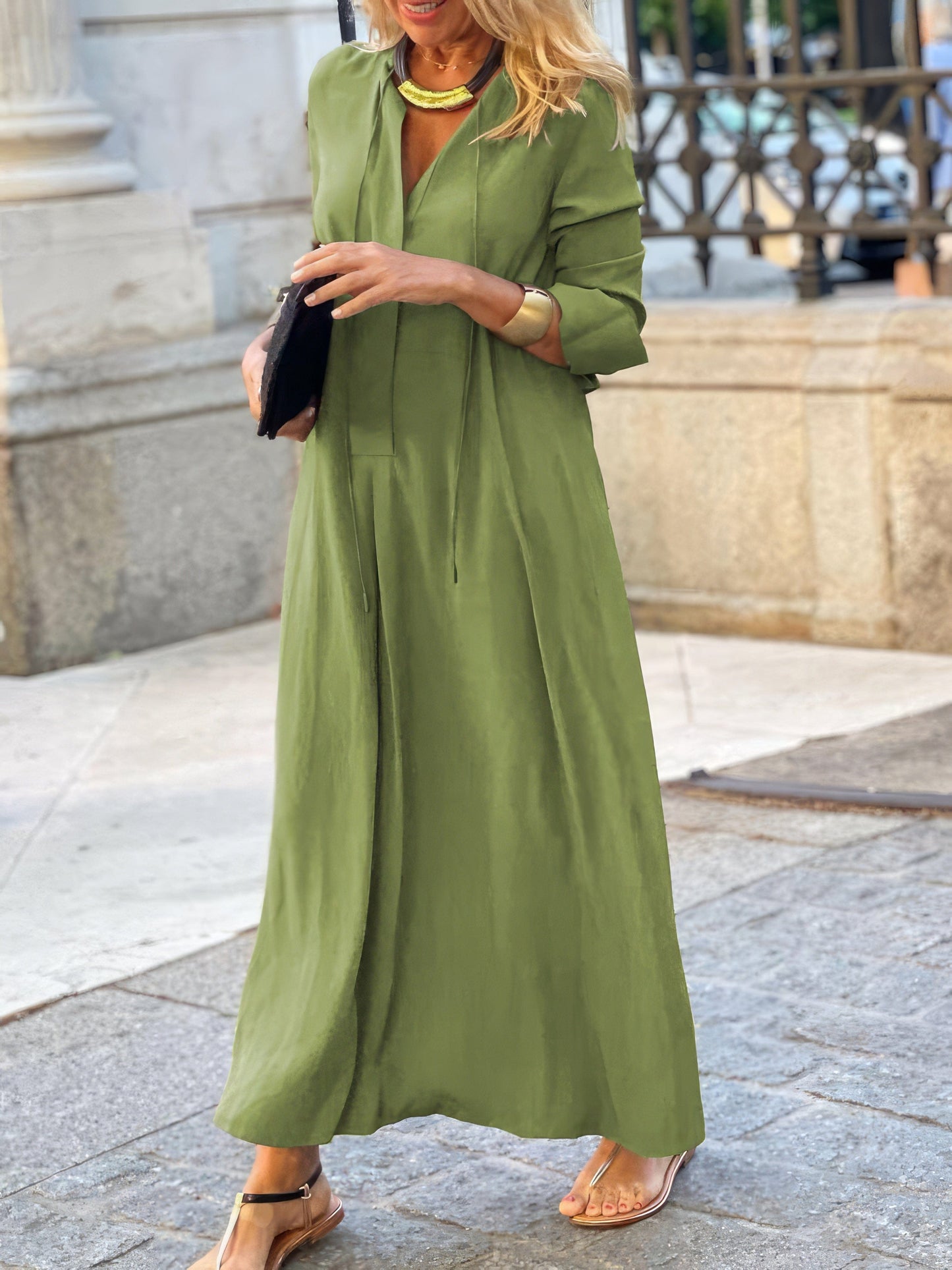 Solid Lapel Long Sleeve Casual Dress DRE2209245515GRES Green / 2 (S)