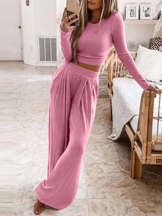 Solid Long Sleeve Crop Top & Trousers Two-Piece Suit Set2109231225PINS Pink / 2 (S)