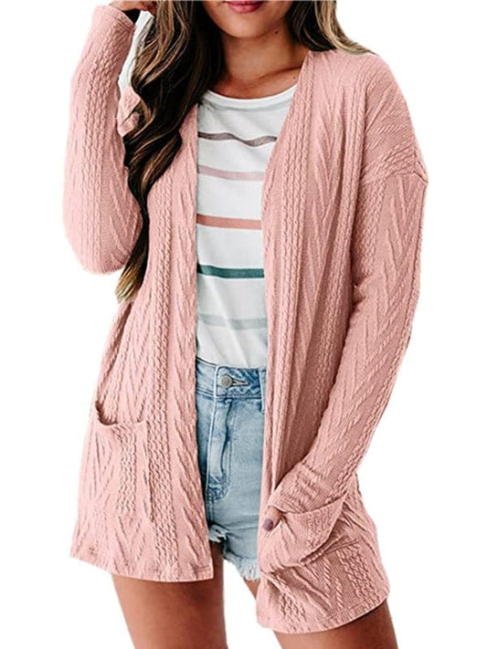 Solid Loose Knitted Long Sleeve Sweater Cardigan SWE2212051439PINS Pink / 2 (S)