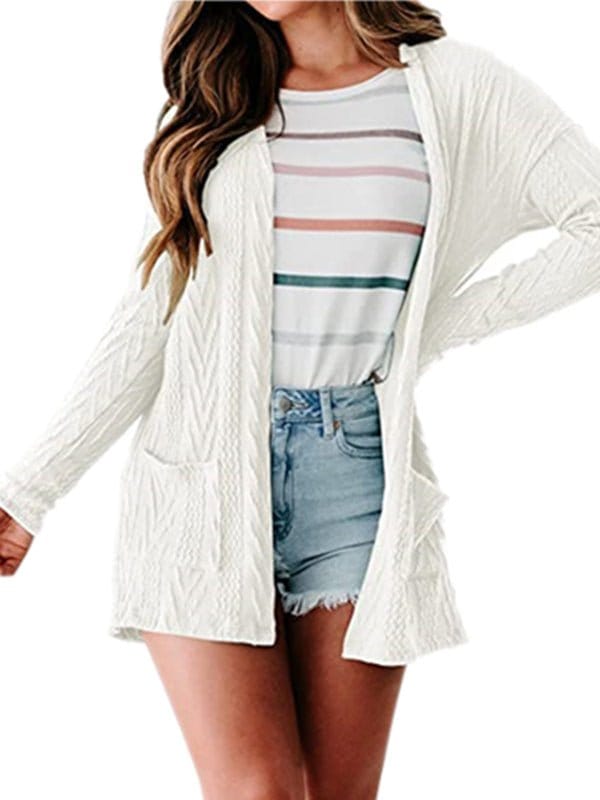 Solid Loose Knitted Long Sleeve Sweater Cardigan SWE2212051439WHIS White / 2 (S)