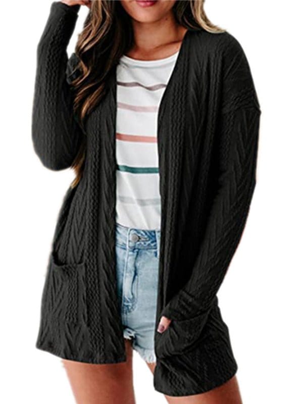 Solid Loose Knitted Long Sleeve Sweater Cardigan SWE2212051439BLAS Black / 2 (S)