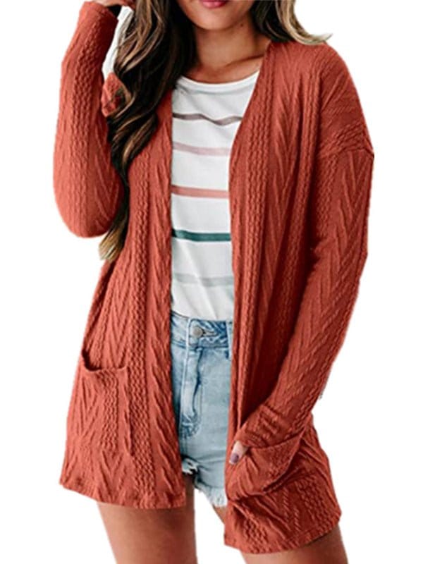 Solid Loose Knitted Long Sleeve Sweater Cardigan SWE2212051439CARS SaddleBrown / 2 (S)