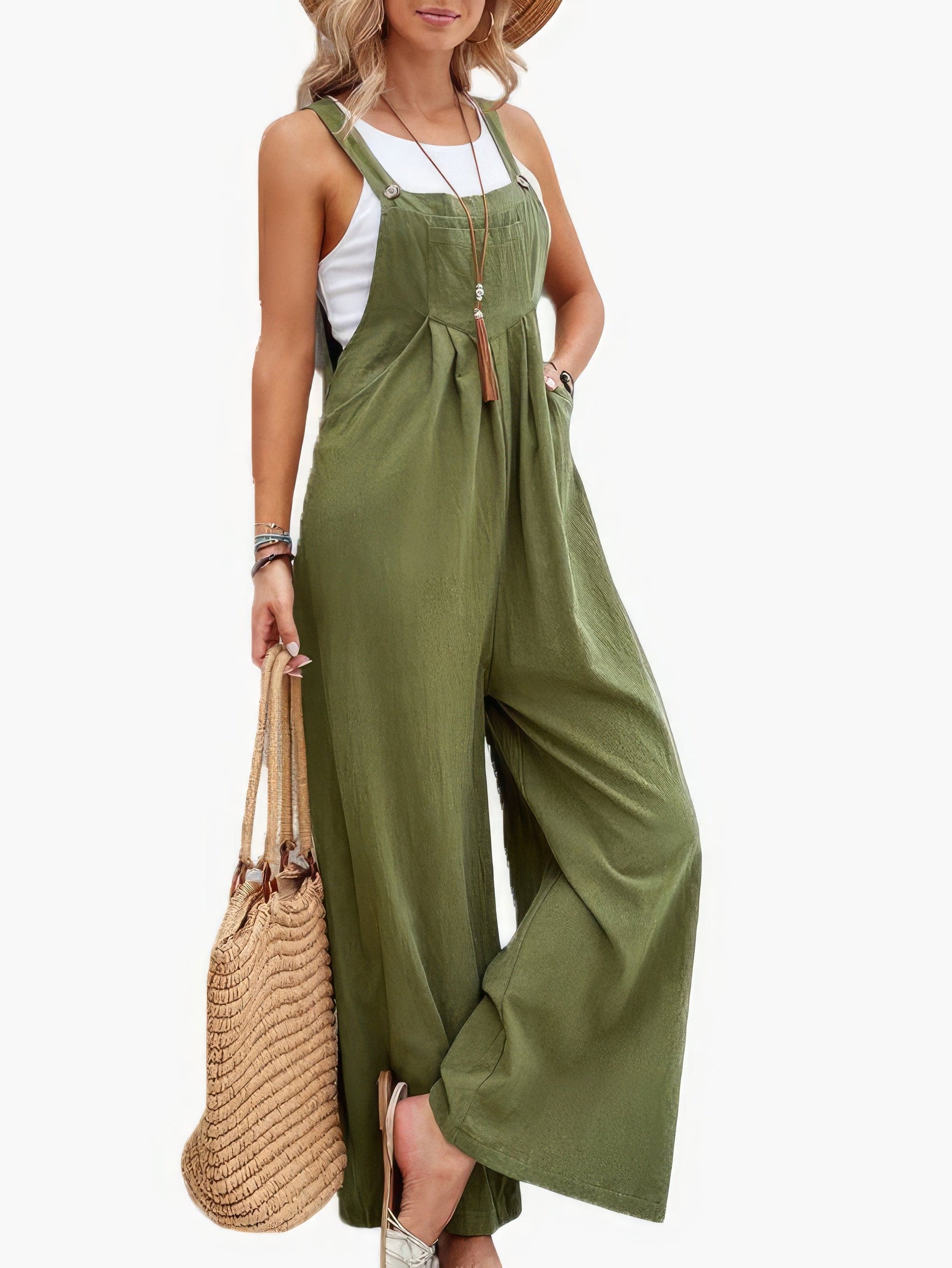 Solid Pocket Wide Leg Casual Jumpsuit JUM2209281815MGRES DarkGreen / 2 (S)