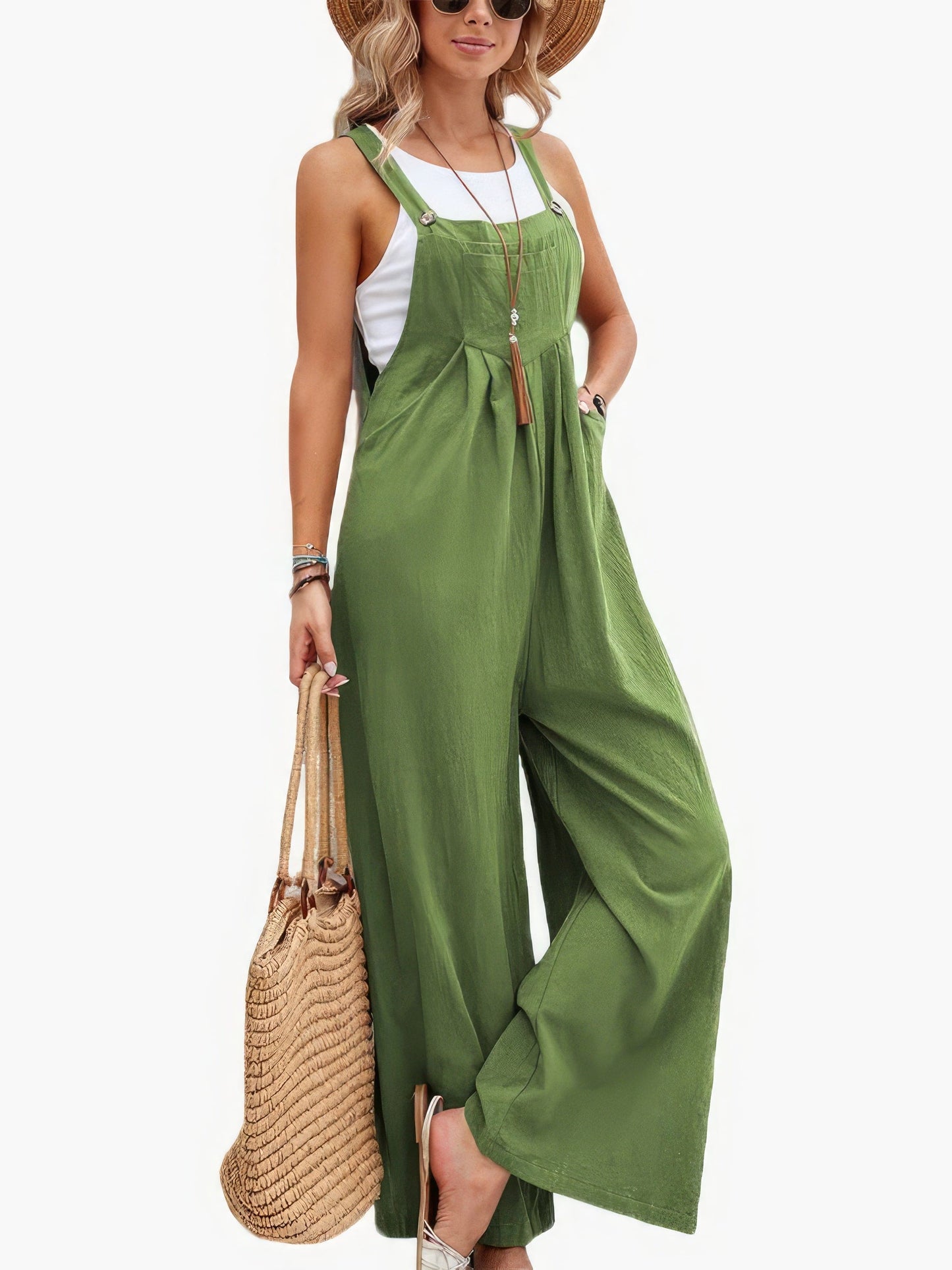 Solid Pocket Wide Leg Casual Jumpsuit JUM2209281815GRES Green / 2 (S)