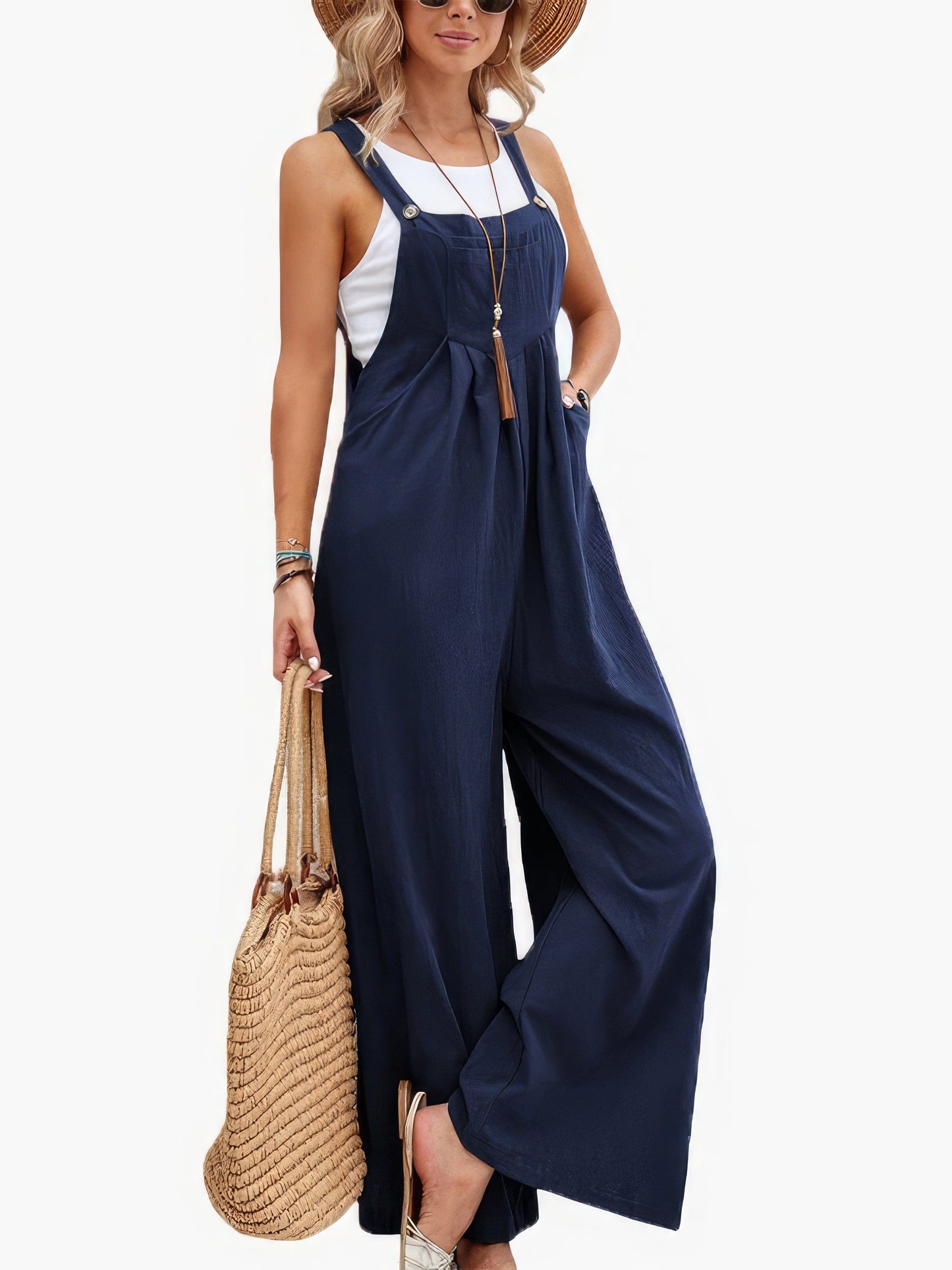 Solid Pocket Wide Leg Casual Jumpsuit JUM2209281815DBLUS Navy / 2 (S)