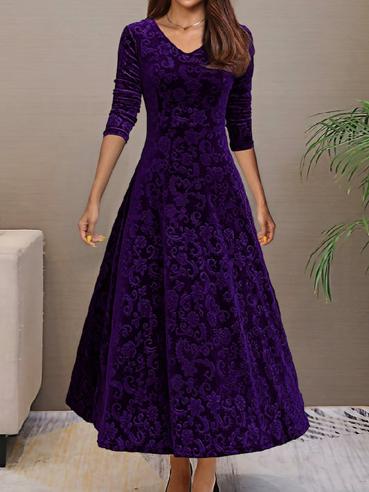 Solid Stylish V-Neck Flared Long Sleeve Maxi Dress TEMU2311150915S(4) Purple / S(4)