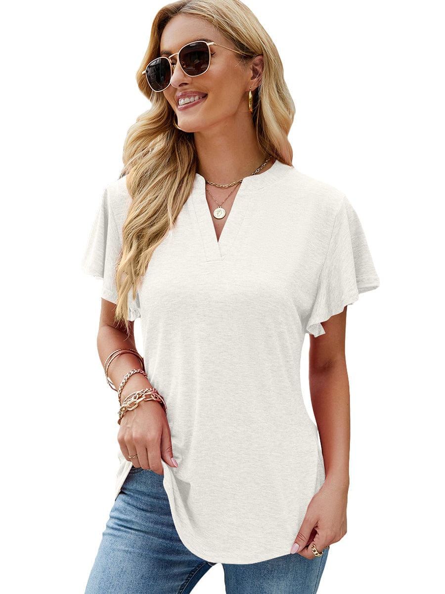 Solid V-Neck Flying Sleeve T-Shirt TSH2303020044WHIS White / 2 (S)