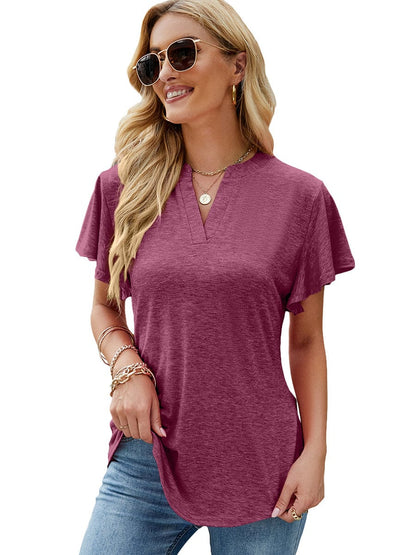 Solid V-Neck Flying Sleeve T-Shirt TSH2303020044RBRS RosyBrown / 2 (S)