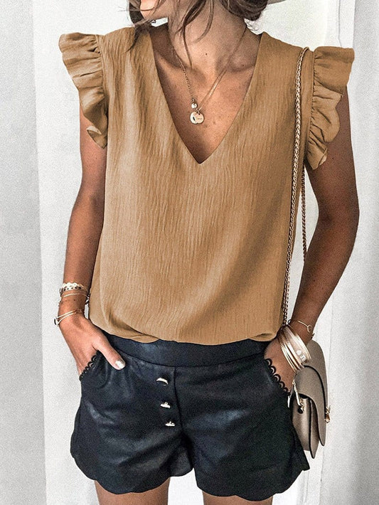 Solid V-Neck Ruffle Sleeve T-Shirt TSH2203022289KHAS Khaki / 2 (S)