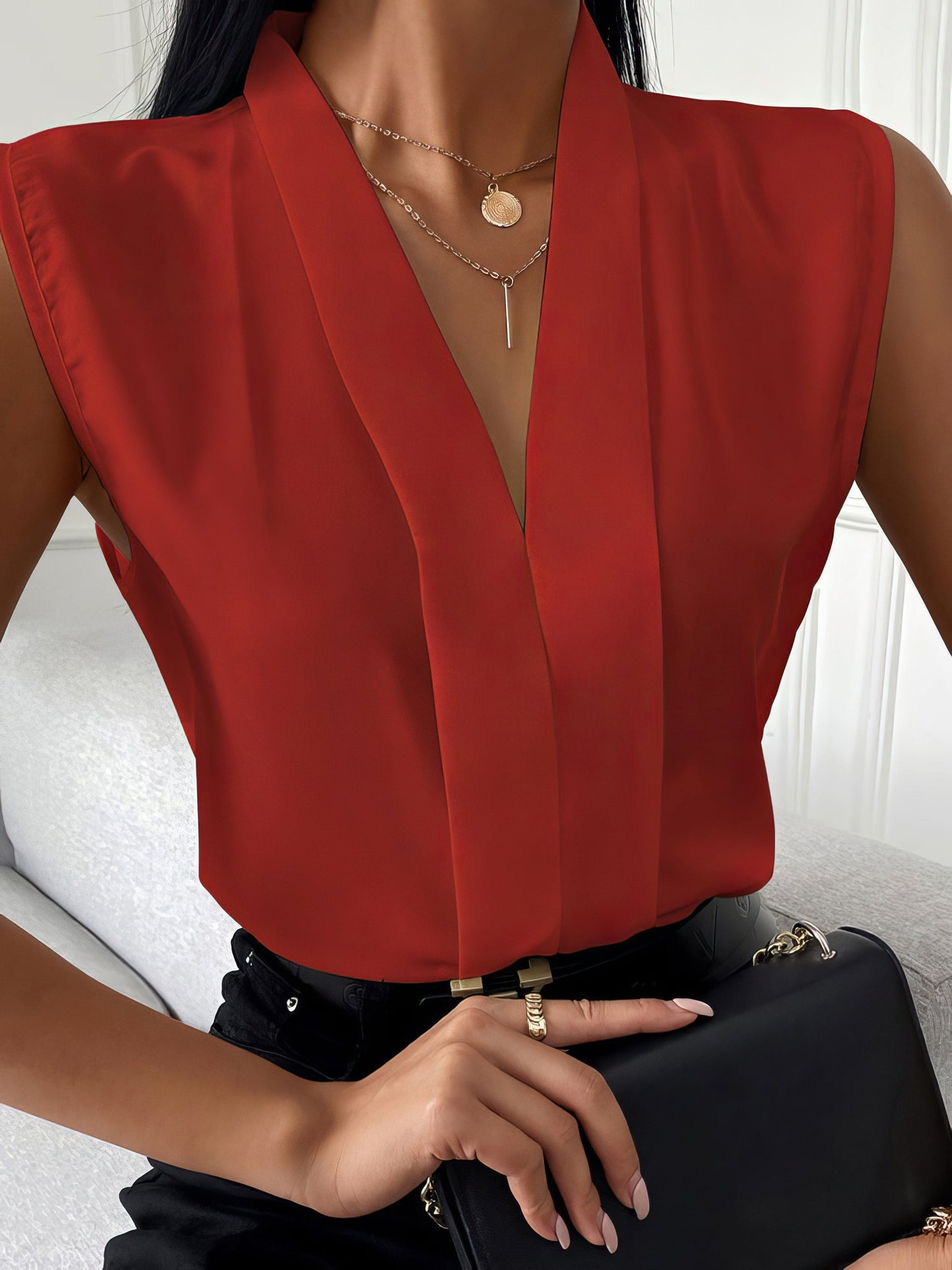 Solid V-Neck Sleeveless Chiffon Blouse BLO2201061528REDS Red / 2 (S)