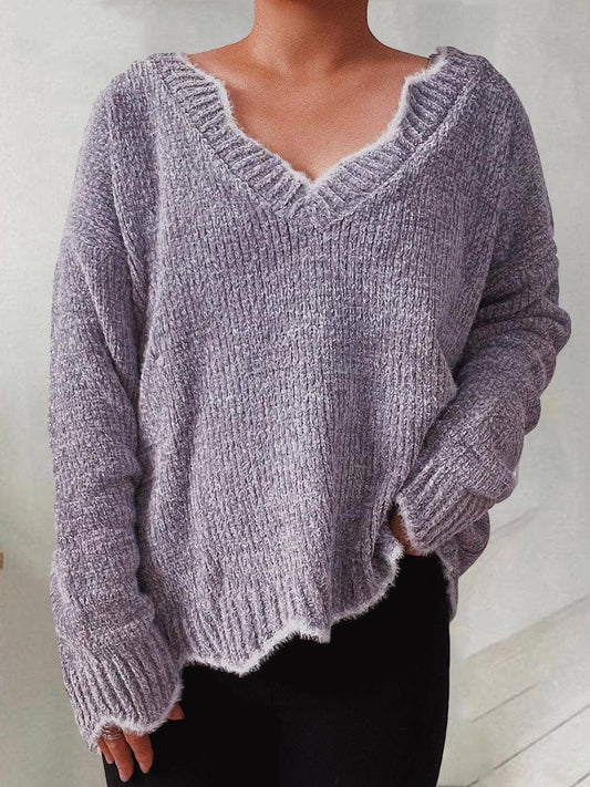 Solid Wavy Neck Long Sleeve Sweater SWE2208311394GRAS Gray / 2 (S)