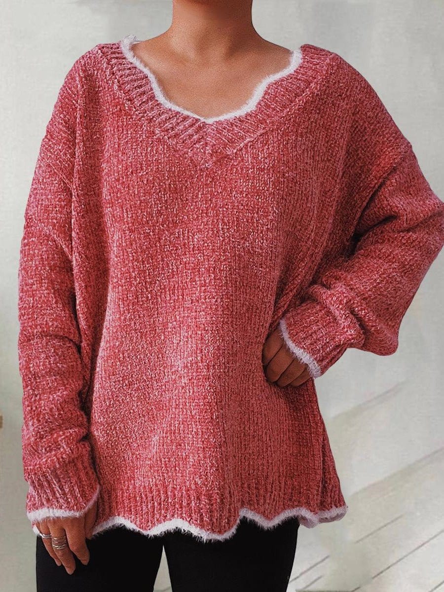 Solid Wavy Neck Long Sleeve Sweater SWE2208311394PINS Pink / 2 (S)