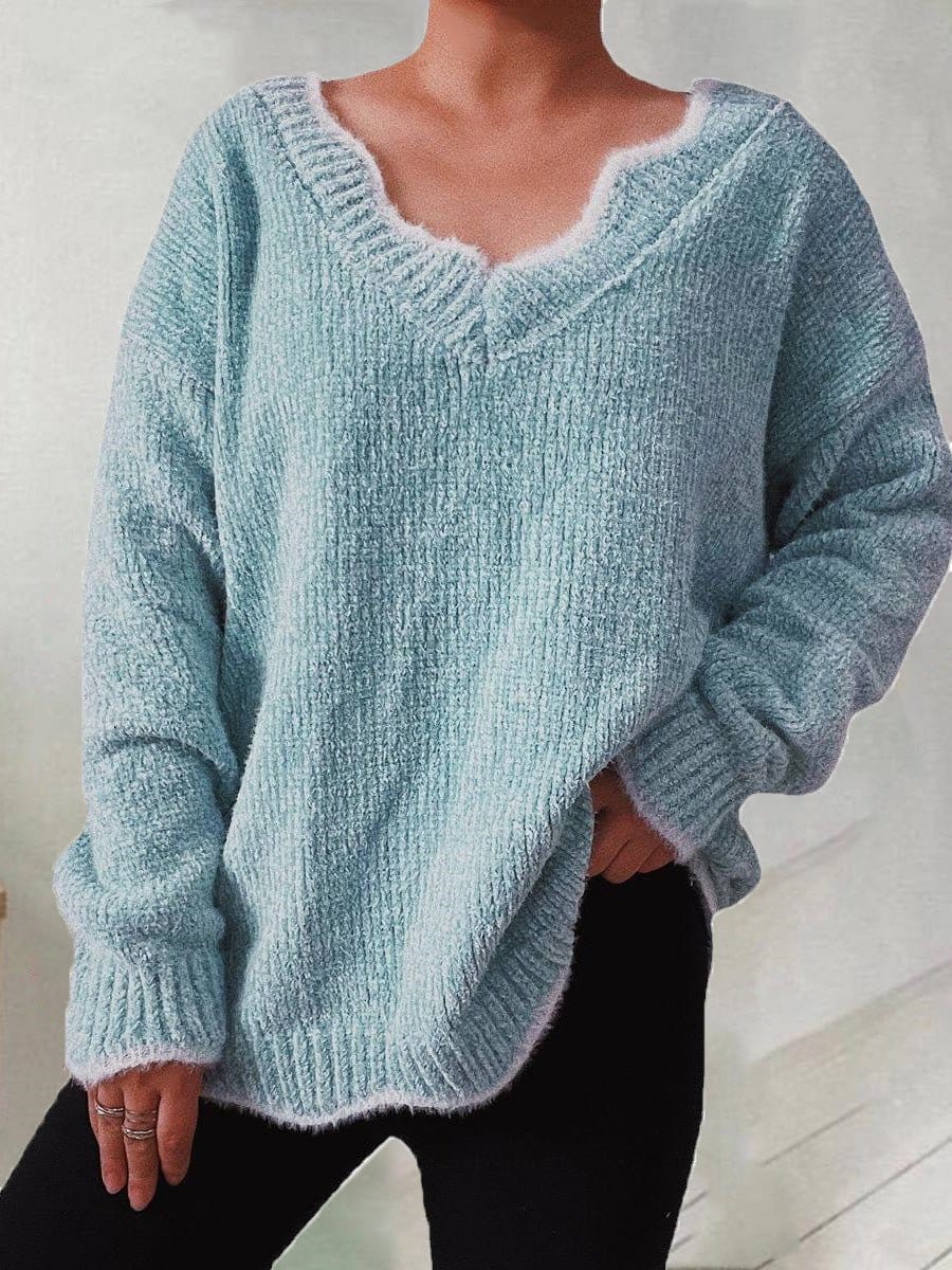 Solid Wavy Neck Long Sleeve Sweater SWE2208311394GRES Green / 2 (S)