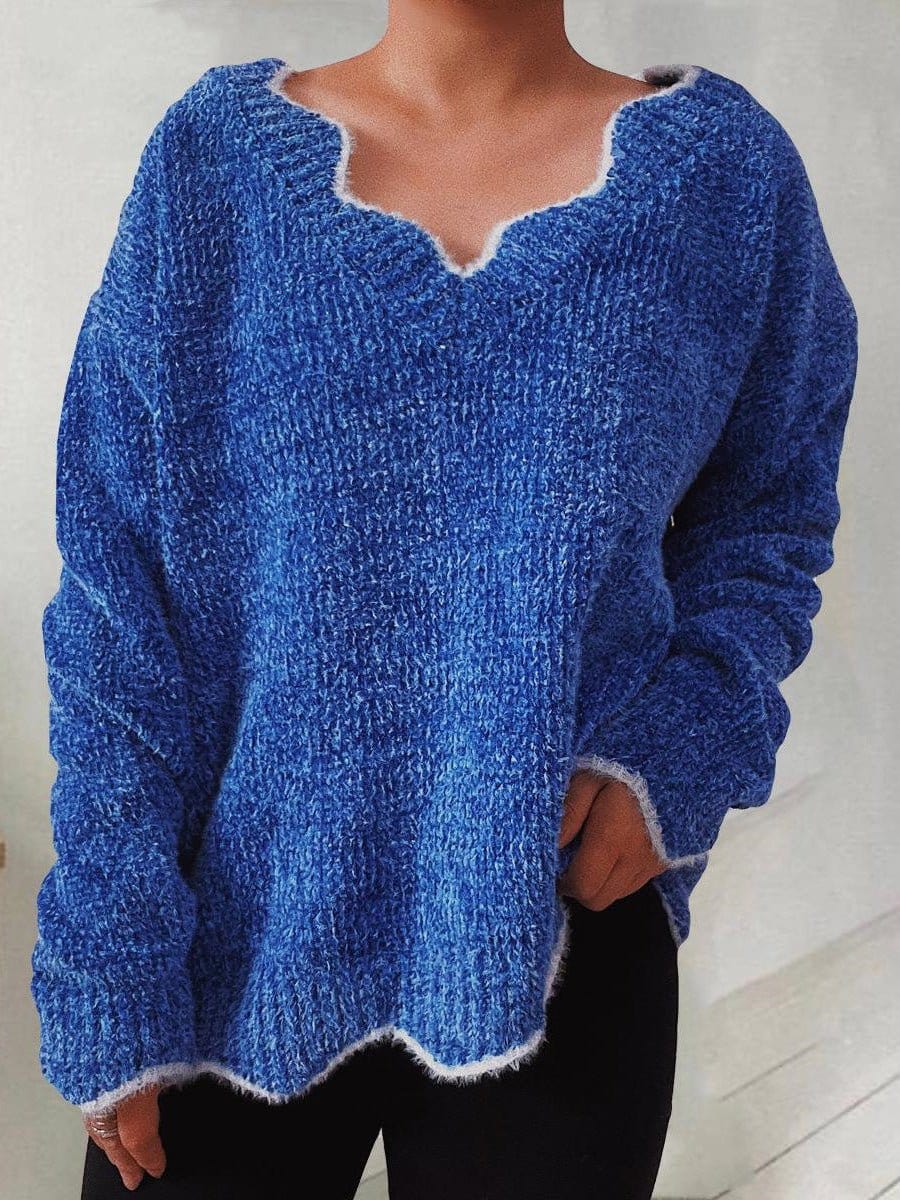Solid Wavy Neck Long Sleeve Sweater SWE2208311394BLUS Blue / 2 (S)