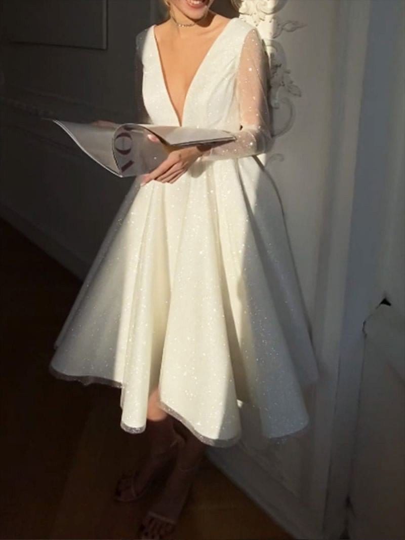 Sparkling V-Neck Long Sleeve Dress