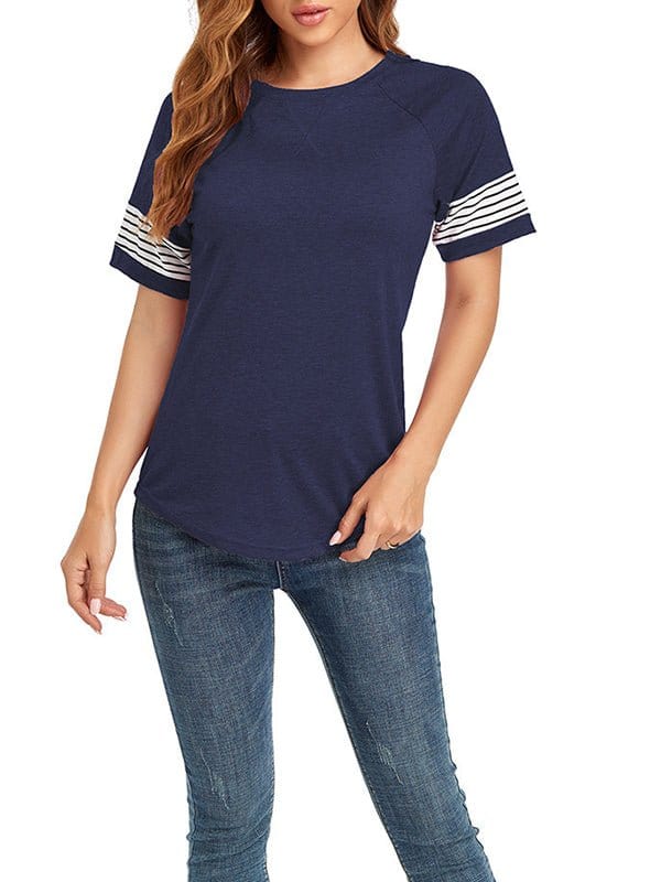 Splice Stripe Loose Short Sleeve T-Shirt TSH2212192813NBLUS Navy / 2 (S)