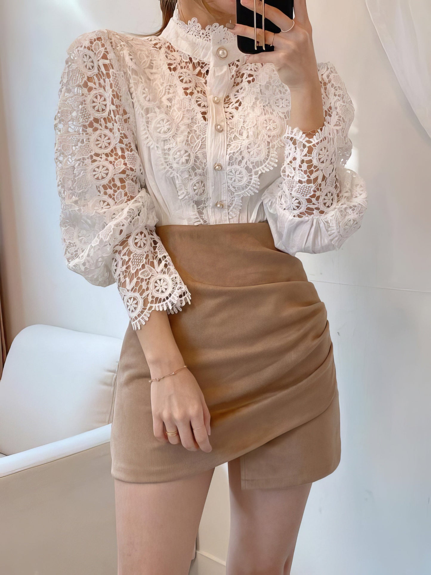 Stand Collar Hollow Lace Pearl Button Blouses