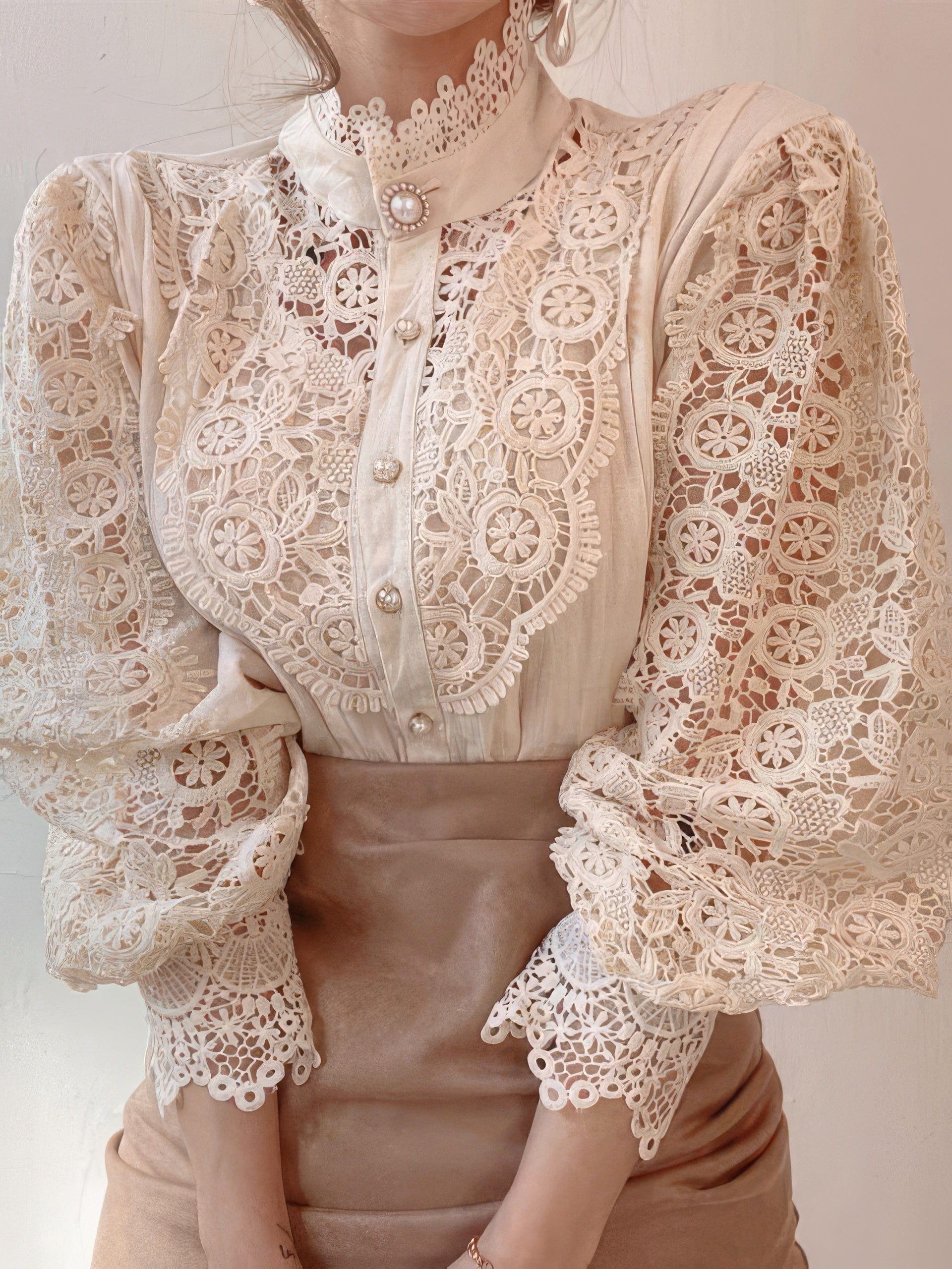 Stand Collar Hollow Lace Pearl Button Blouses BLO2108251320APRS Beige / 2 (S)