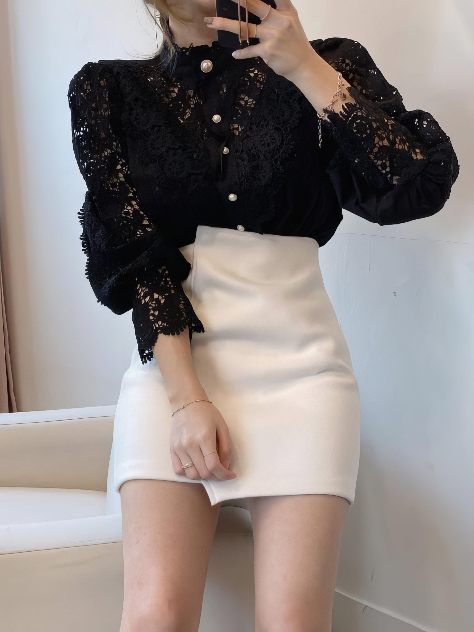 Stand Collar Hollow Lace Pearl Button Blouses