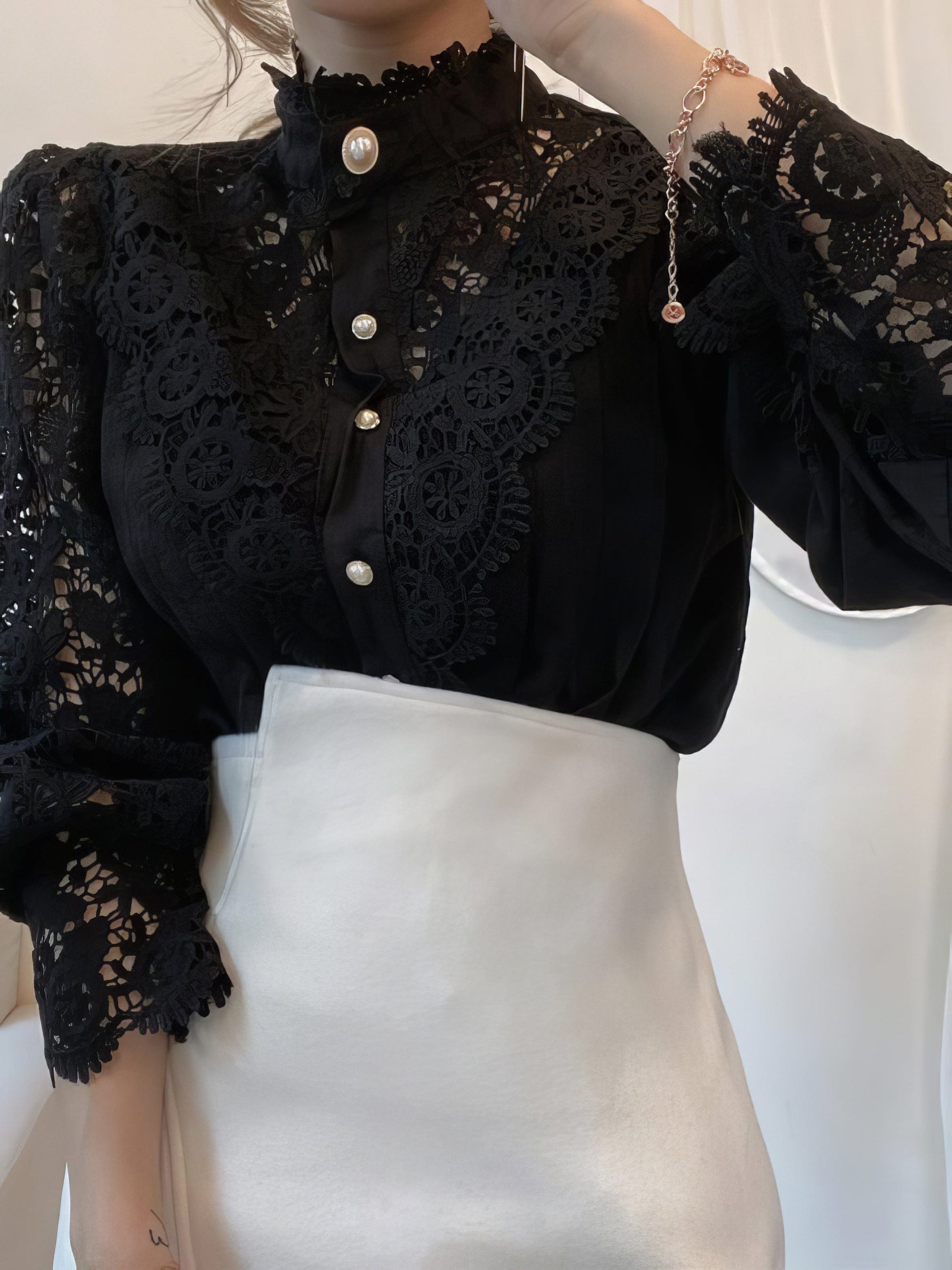 Stand Collar Hollow Lace Pearl Button Blouses BLO2108251320BLAS Black / 2 (S)