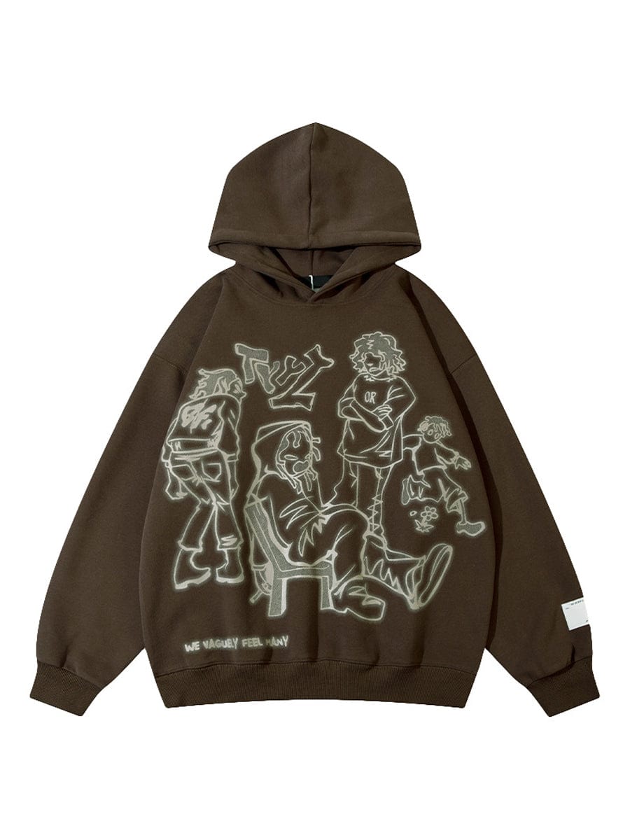 Star Letter Print Zip Up Loose Retro Oversized Long Sleeve Hoodie HOO2308050018BROXXL Brown / 2(S)