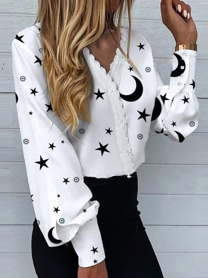 Star Moon Print Lace Long Sleeve Blouse BLO2206221738WHIS White / 2 (S)
