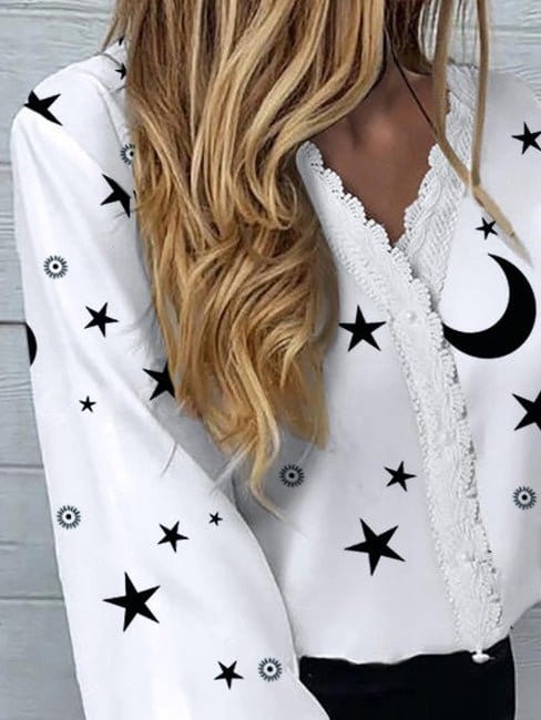 Star Moon Print Lace Long Sleeve Blouse