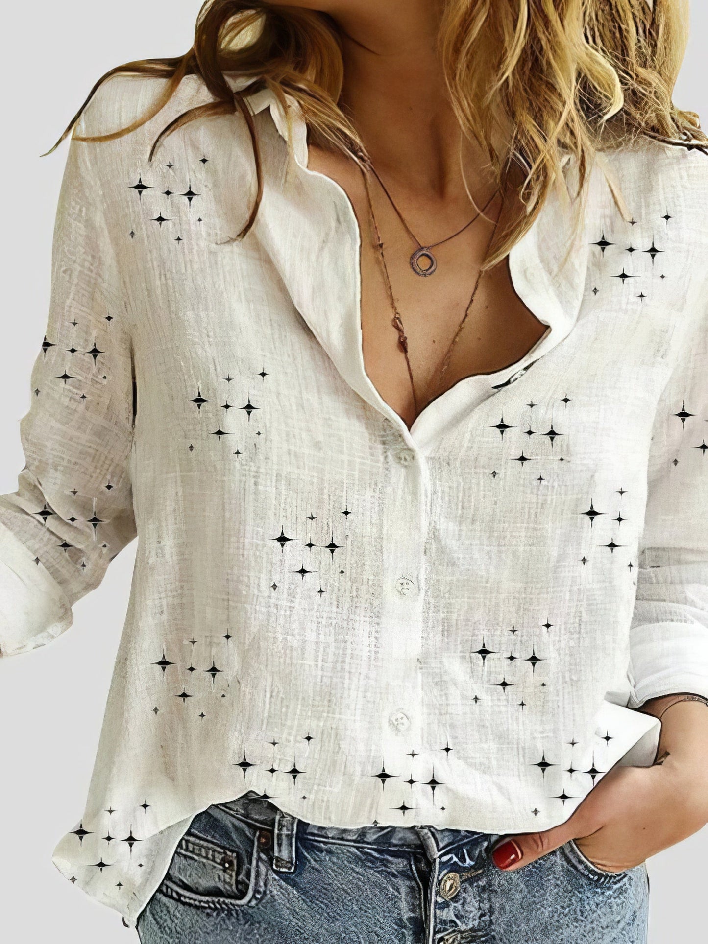 Star Print Button Long Sleeve Blouses BLO2109091328WHIS White / 2 (S)