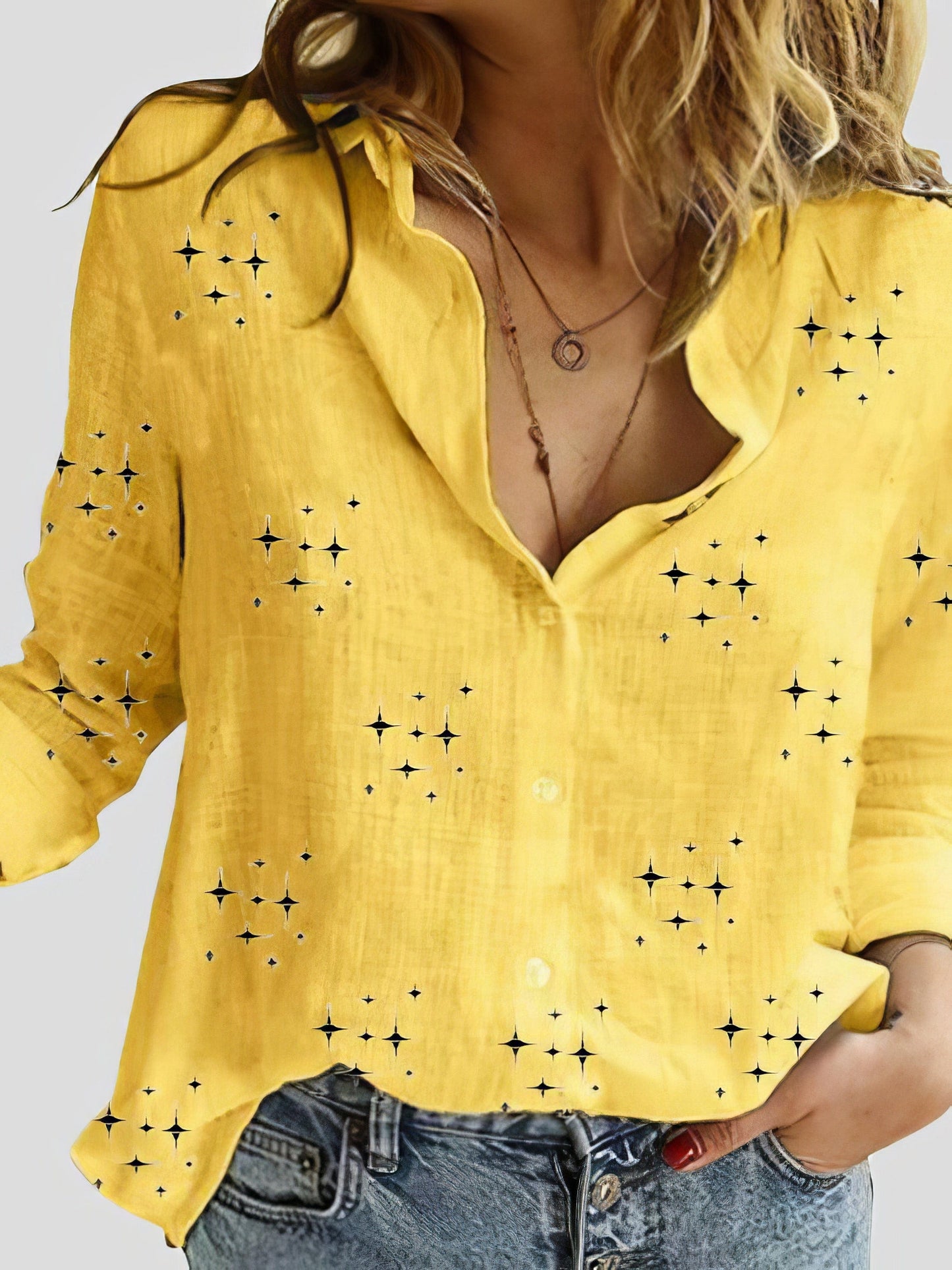 Star Print Button Long Sleeve Blouses BLO2109091328YELS Yellow / 2 (S)