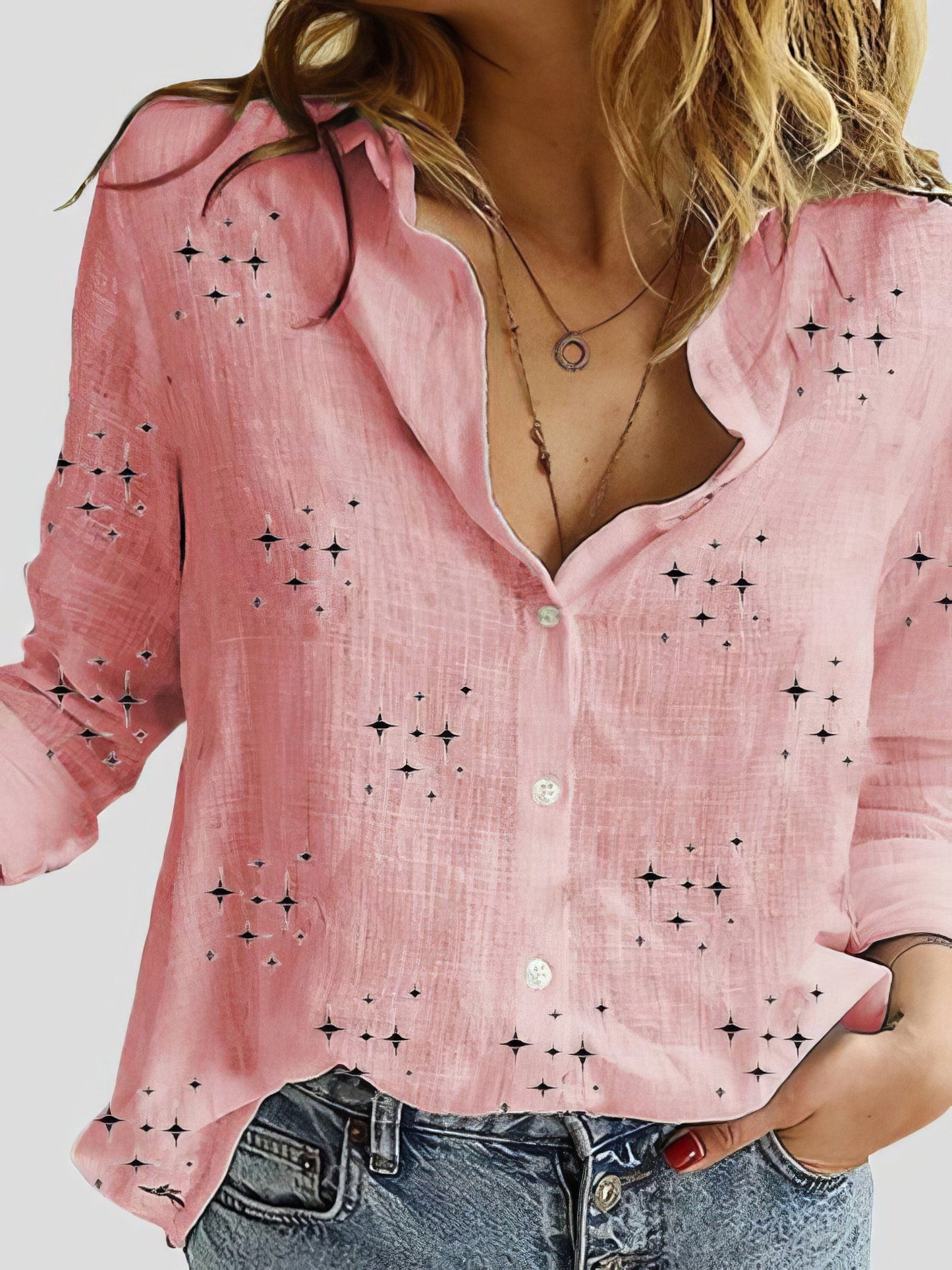 Star Print Button Long Sleeve Blouses BLO2109091328PINS Pink / 2 (S)
