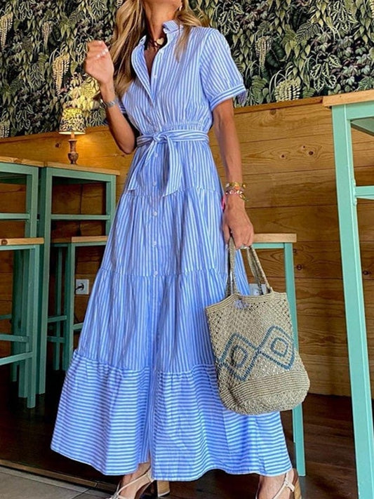 Striped Belted Short Sleeve Shirt Dress DRE2201193414BLUS Blue / 2 (S)