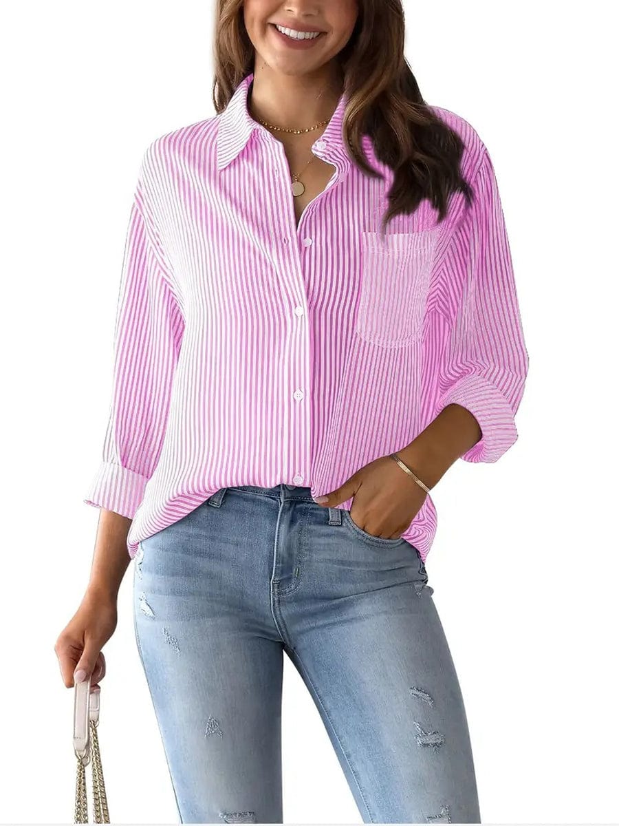 Striped Button Down Roll-up Long Sleeves Point Collar Blouse BLO2307190108PINS Pink / 2 (S)