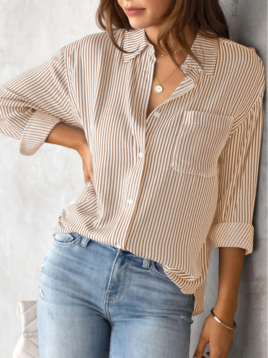 Striped Button Down Roll-up Long Sleeves Point Collar Blouse BLO2307190108KHAS Khaki / 2 (S)