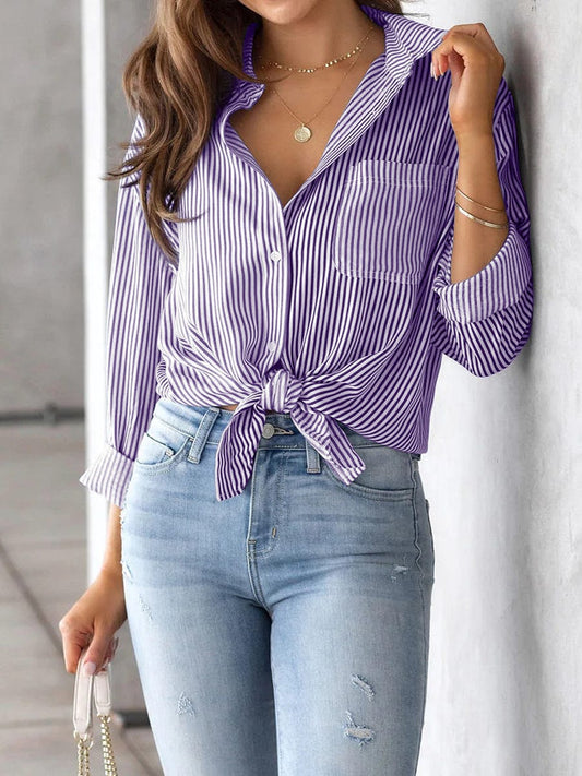 Striped Button Down Roll-up Long Sleeves Point Collar Blouse BLO2307190108PURS Purple / 2 (S)