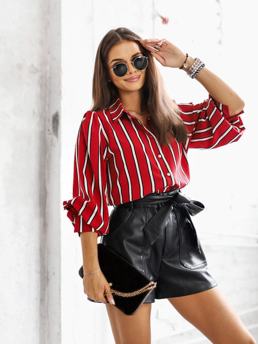 Striped Long Sleeve Loose Comfortable Casual Blouse BLO2303290050REDS Red / 2 (S)