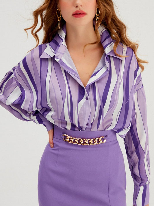 Striped Loose Digital Printing Personality Blouse BLO2303290049PURS Purple / 2 (S)