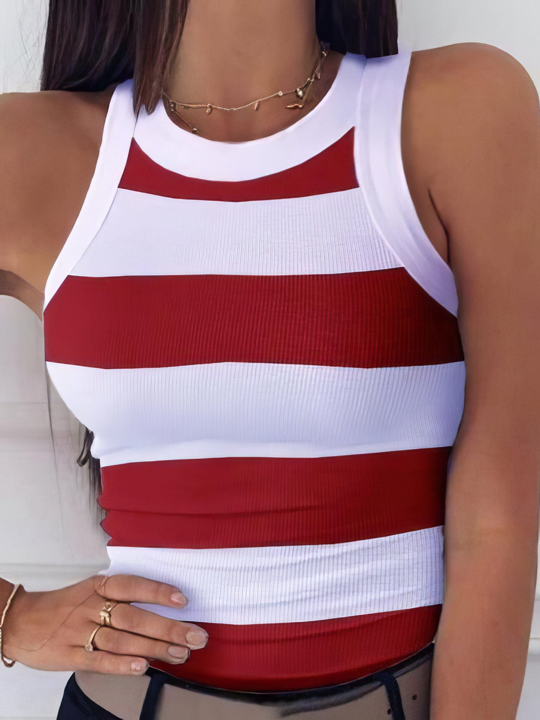 Striped Print Round Neck Casual Tank Top - Off Shoulder - Halter - Jewel - Bare - U Shape TAN2106110231REDS Red / 2 (S)