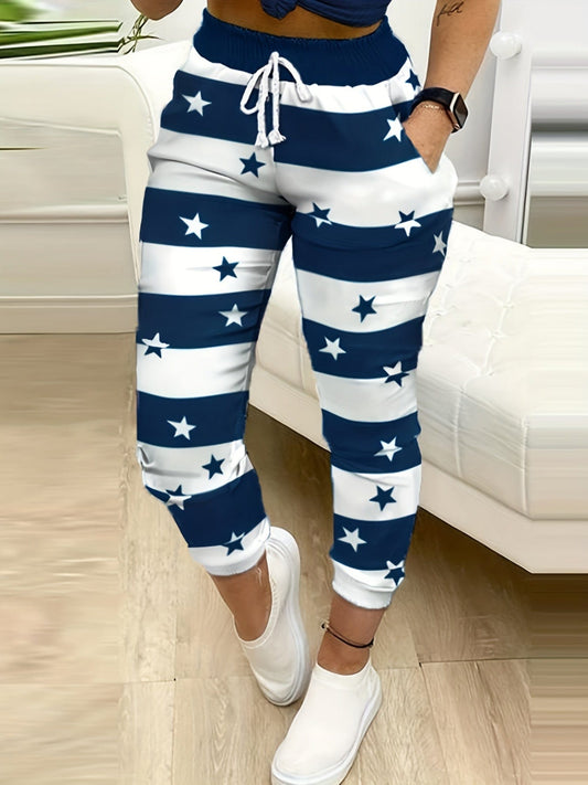 Striped Star Print Adjustable Drawstring Pants