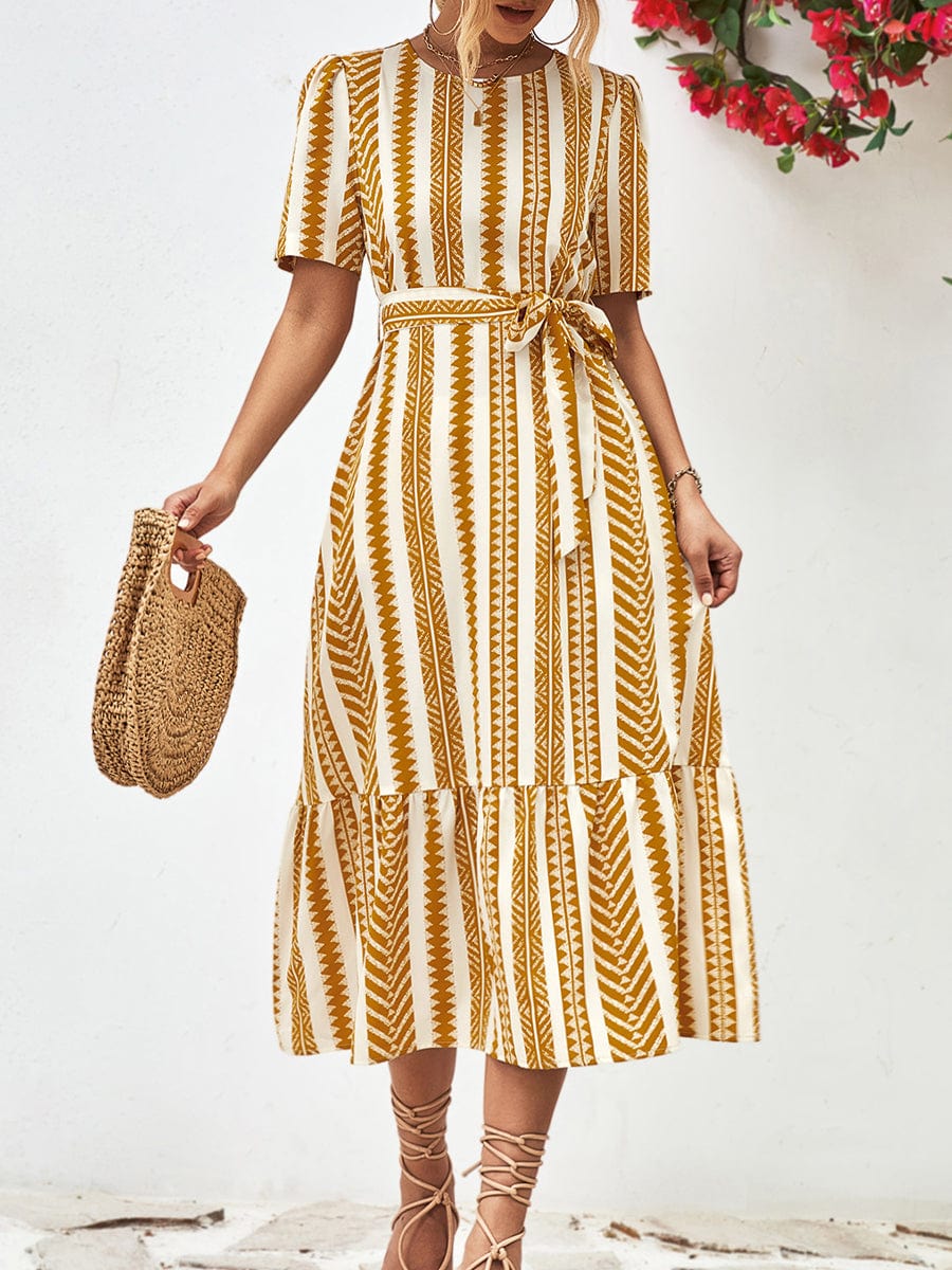 Striped Tie Belt Round Neck Puff Sleeve Midi Dress DRE2307110284YELS Yellow / 2 (S)