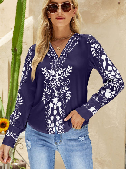 Stylish Button Print Casual Comfortable V Neck Blouse BLO2307050087NAVS Navy / 2 (S)