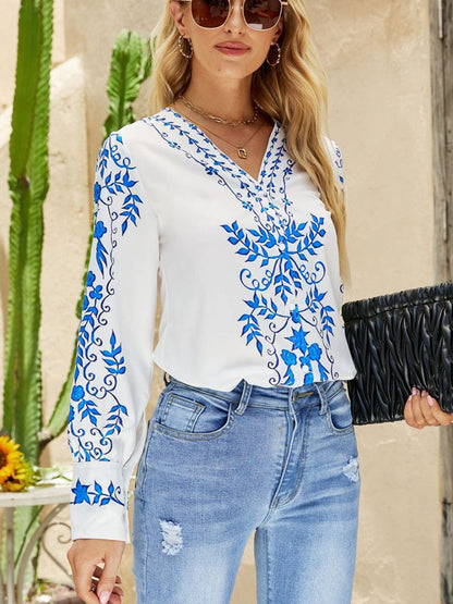 Stylish Button Print Casual Comfortable V Neck Blouse BLO2307050087WHIS White / 2 (S)