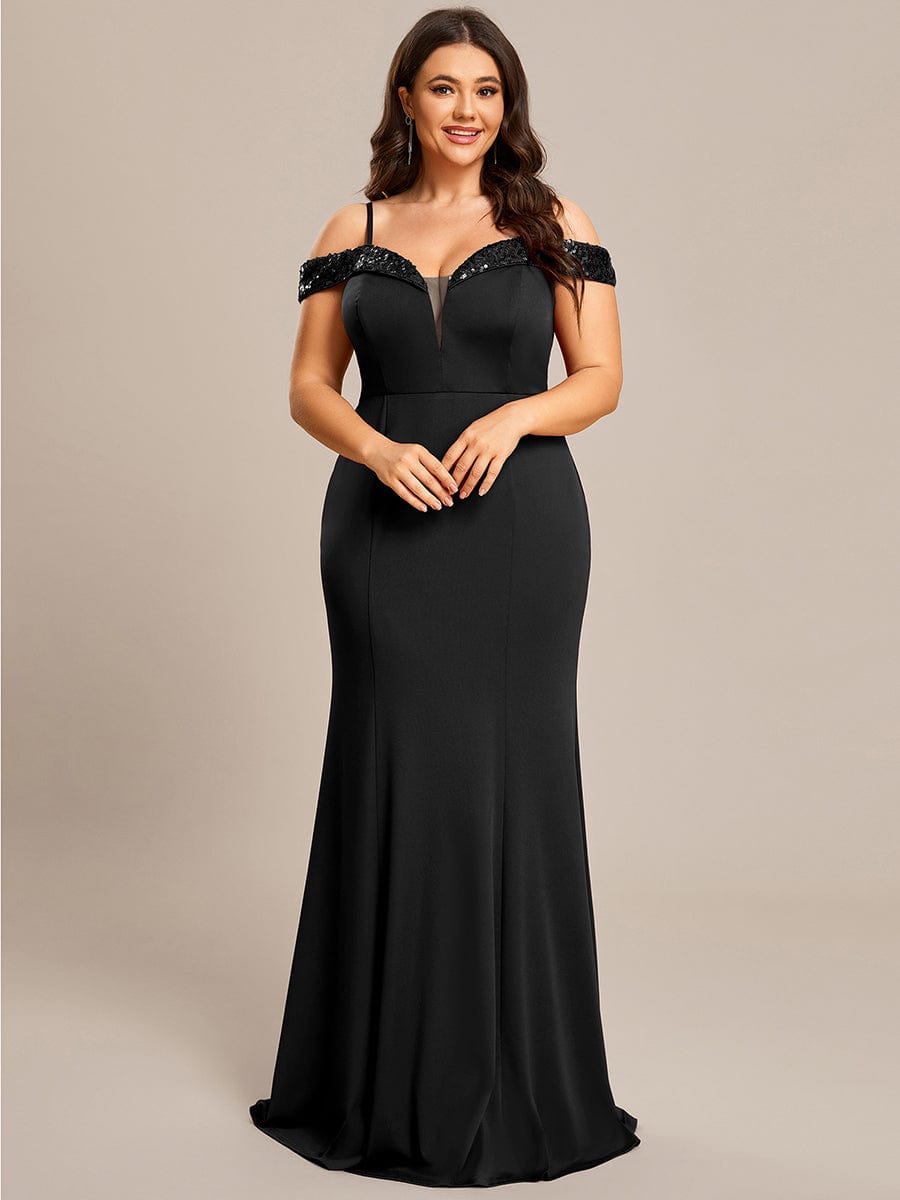 Stylish Plus Size Bodycon Deep V-Neck Sequin Evening Dress DRE230912B0207BLK16 Black / 16