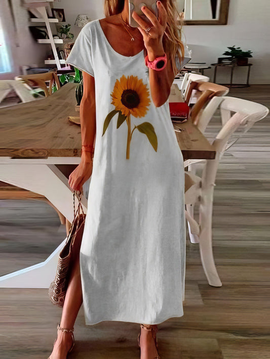 Sunflower Print Short-sleeved Slit Dress DRE2107061693WHIS White / 2 (S)