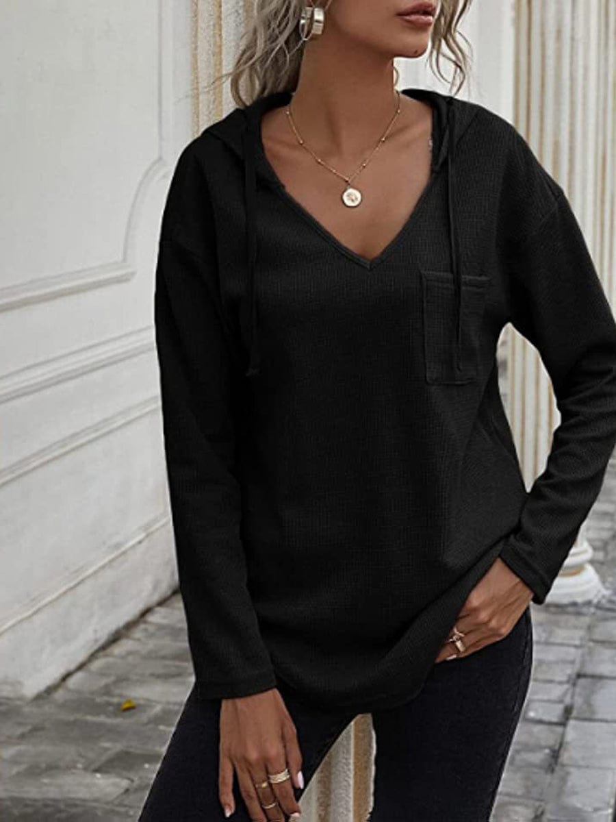 Sweatshirt Drawstring Pullover V Neck Long Sleeve Hoodie HOO2308050024BLAM Black / 4/6(M)