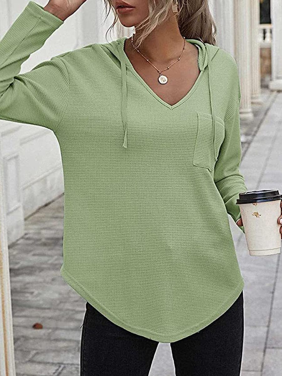 Sweatshirt Drawstring Pullover V Neck Long Sleeve Hoodie HOO2308050024GREM Green / 4/6(M)